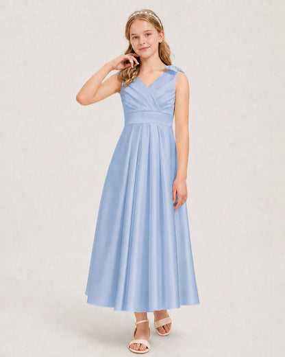 Dusty Blue Junior Bridesmaid Dress  Sleeveless V-Back Satin Midi Dress Front View