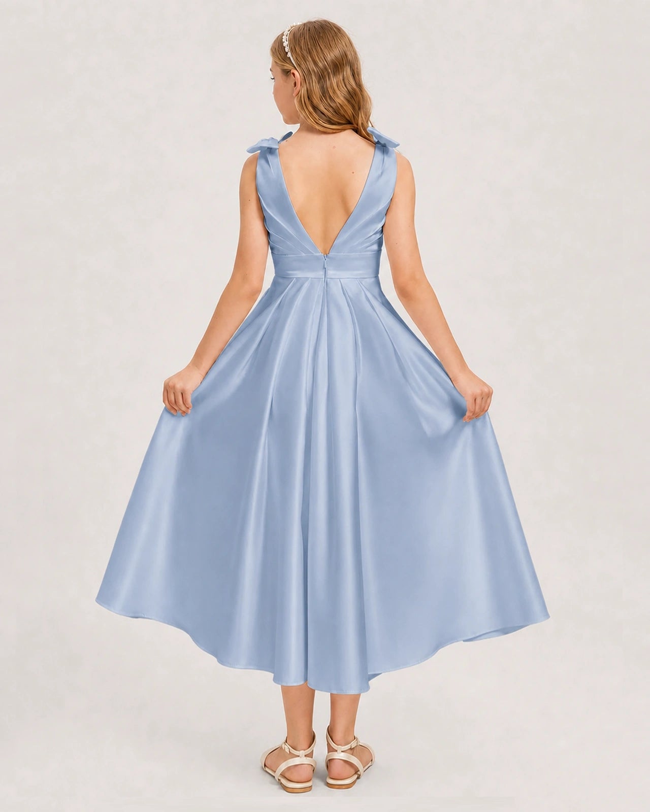 Dusty Blue Junior Bridesmaid Dress  Sleeveless V-Back Satin Midi Dress Back View