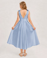 Dusty Blue Satin A-line Junior Bridesmaid Dress Back View