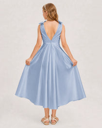 Dusty Blue Junior Bridesmaid Dress  Sleeveless V-Back Satin Midi Dress Back View