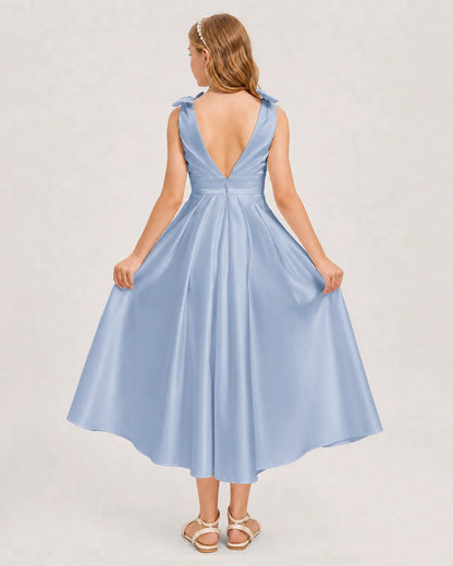 Dusty Blue Junior Bridesmaid Dress  Sleeveless V-Back Satin Midi Dress Back View
