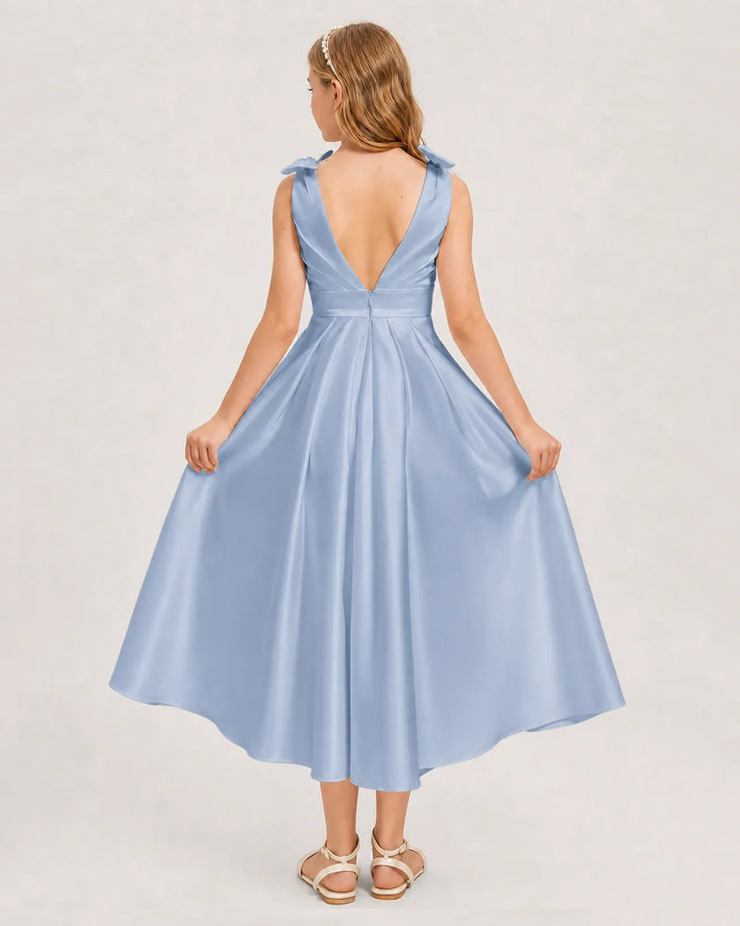 Dusty Blue Satin A-line Junior Bridesmaid Dress Back View