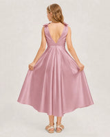 Dusty Rose Satin A-line Junior Bridesmaid Dress Back View