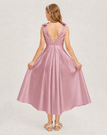 Dusty Rose Junior Bridesmaid Dress  Sleeveless V-Back Satin Midi Dress Back View