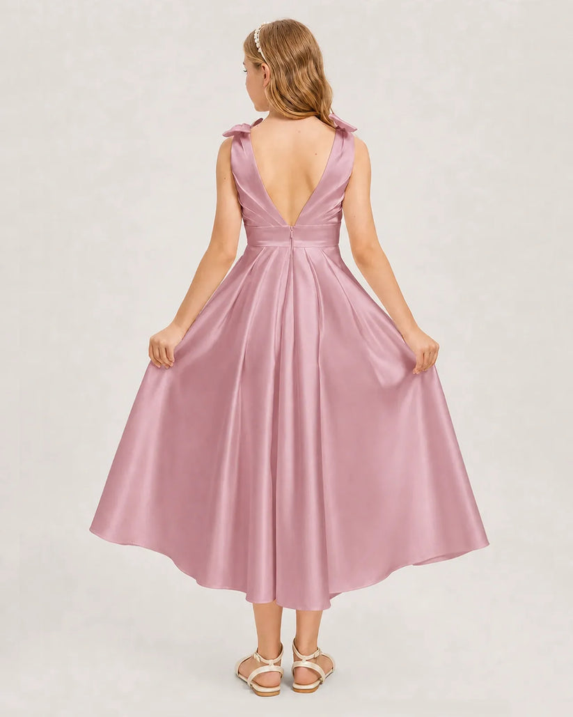 Dusty Rose Satin A-line Junior Bridesmaid Dress Back View