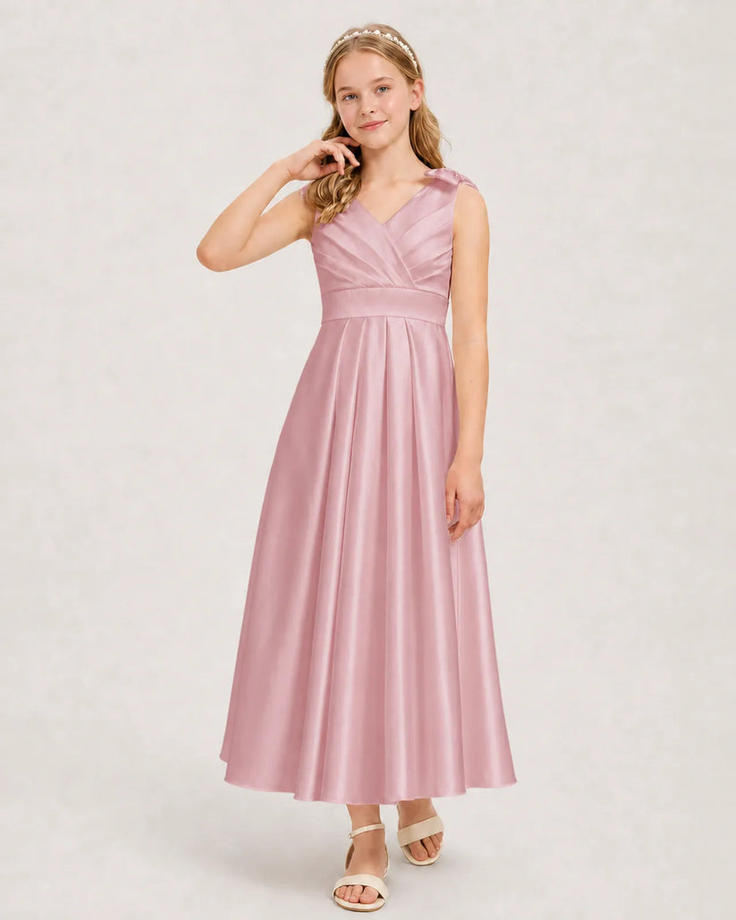 Dusty Rose Satin A-line Junior Bridesmaid Dress Front View