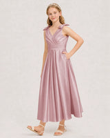 Dusty Rose Satin A-line Junior Bridesmaid Dress Front View
