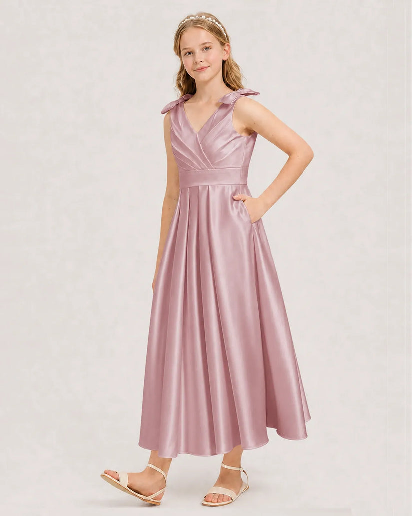 Dusty Rose Satin A-line Junior Bridesmaid Dress Front View