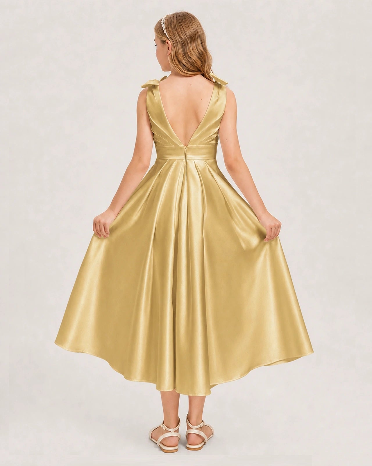 Gold Junior Bridesmaid Dress  Sleeveless V-Back Satin Midi Dress Back View