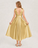 Gold Satin A-line Junior Bridesmaid Dress Back View