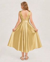 Gold Junior Bridesmaid Dress  Sleeveless V-Back Satin Midi Dress Back View