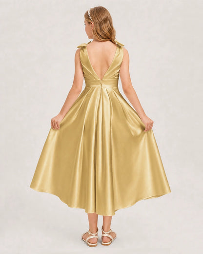 Gold Junior Bridesmaid Dress  Sleeveless V-Back Satin Midi Dress Back View