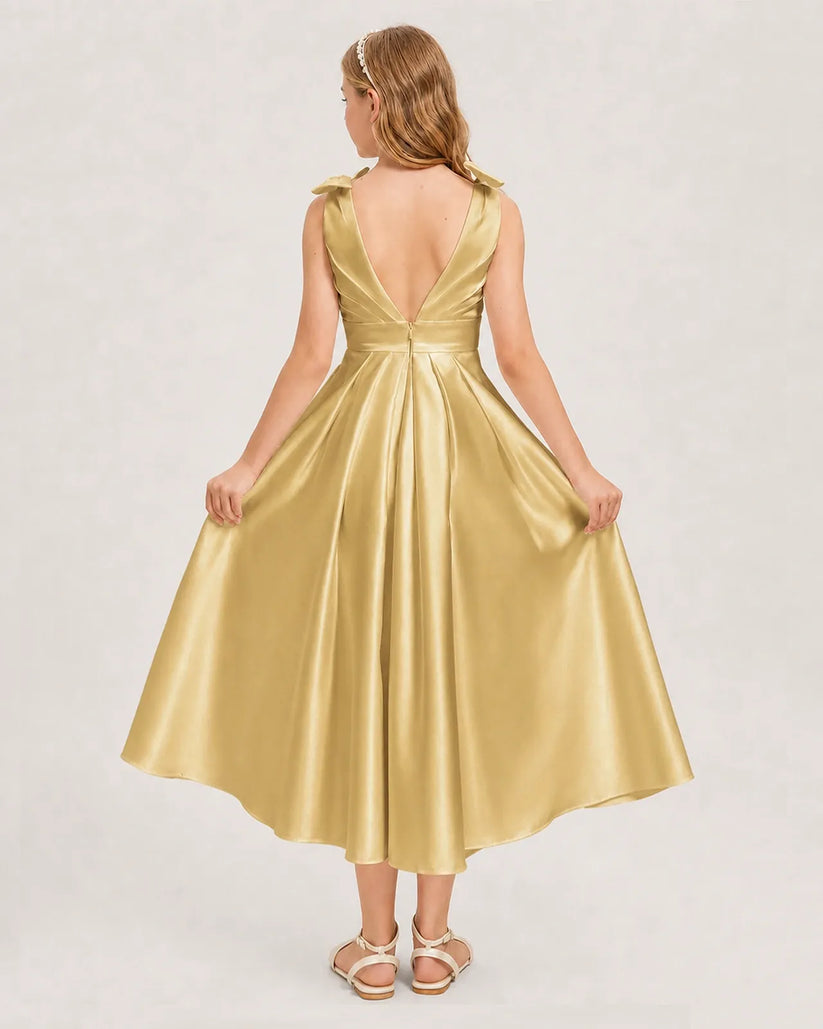Gold Satin A-line Junior Bridesmaid Dress Back View