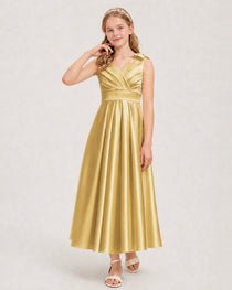 Gold Junior Bridesmaid Dress  Sleeveless V-Back Satin Midi Dress Front View