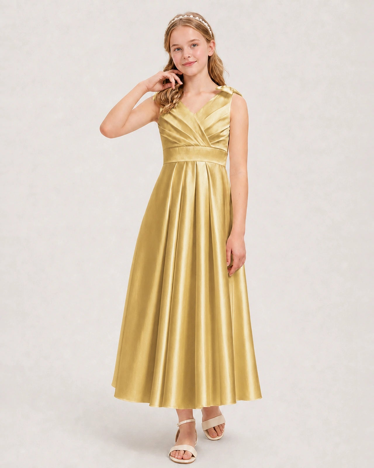 Gold Junior Bridesmaid Dress  Sleeveless V-Back Satin Midi Dress Front View