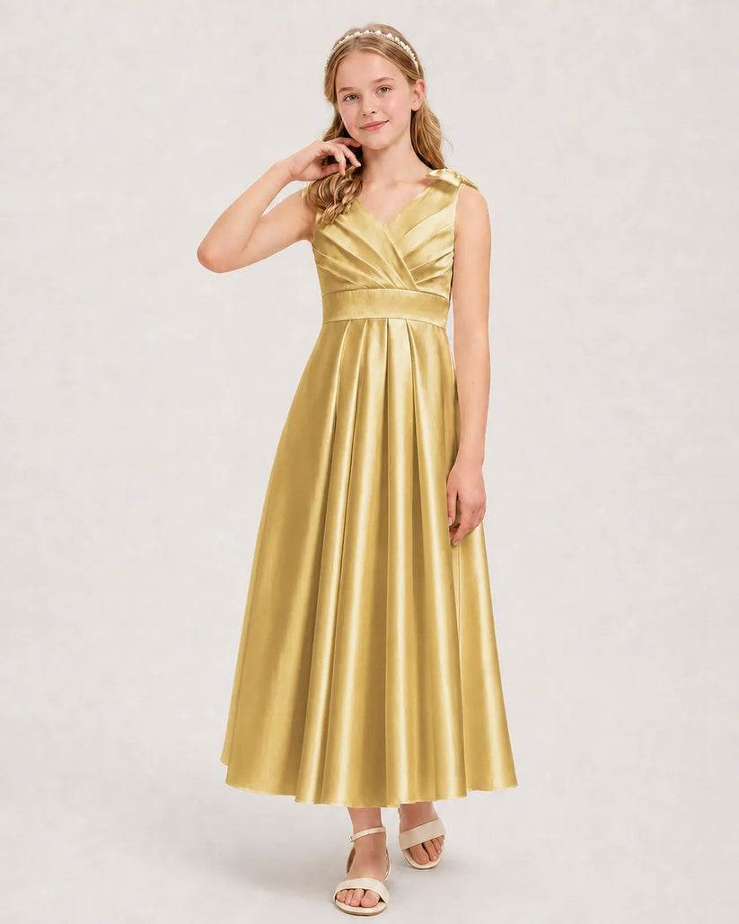 Gold Satin A-line Junior Bridesmaid Dress Front View