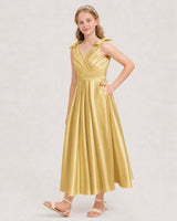 Gold Satin A-line Junior Bridesmaid Dress Front View