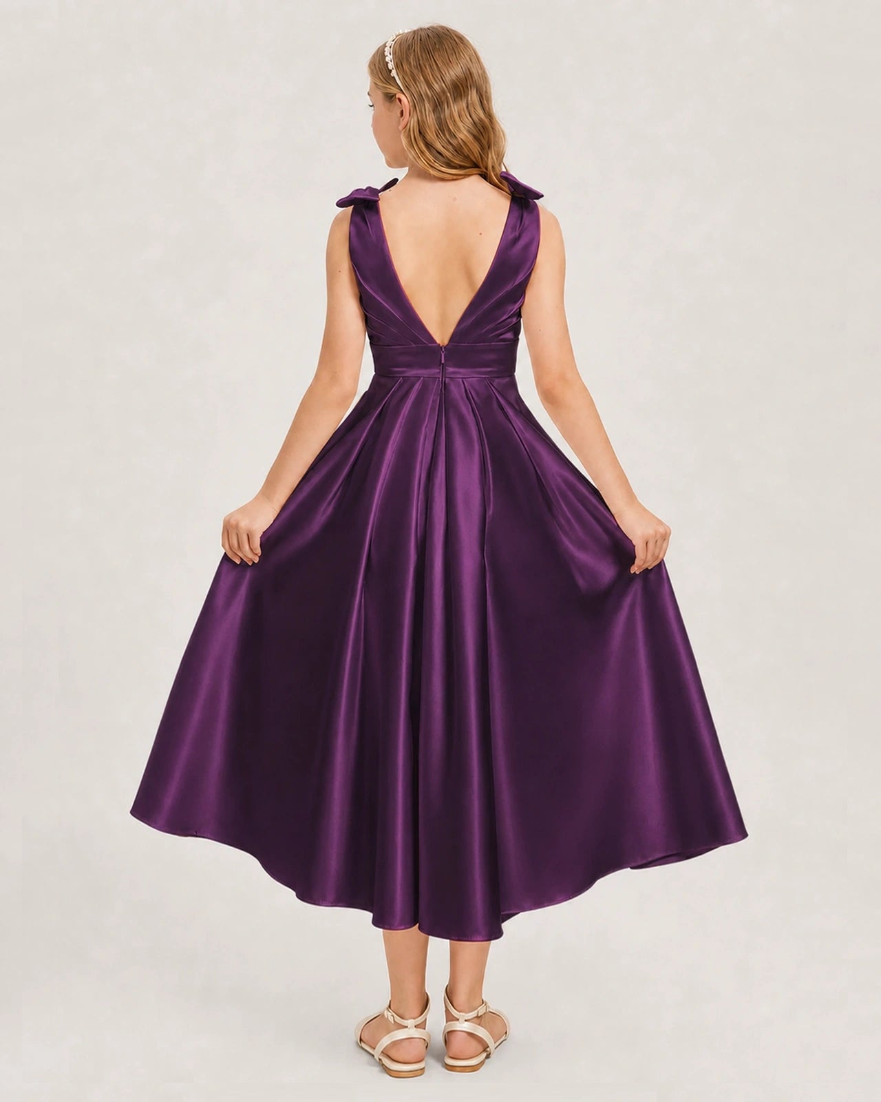 Grape Junior Bridesmaid Dress  Sleeveless V-Back Satin Midi Dress Back View