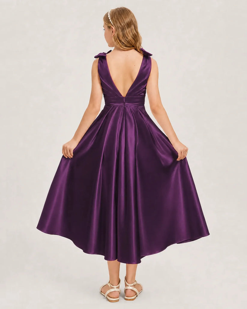 Grape Satin A-line Junior Bridesmaid Dress Back View