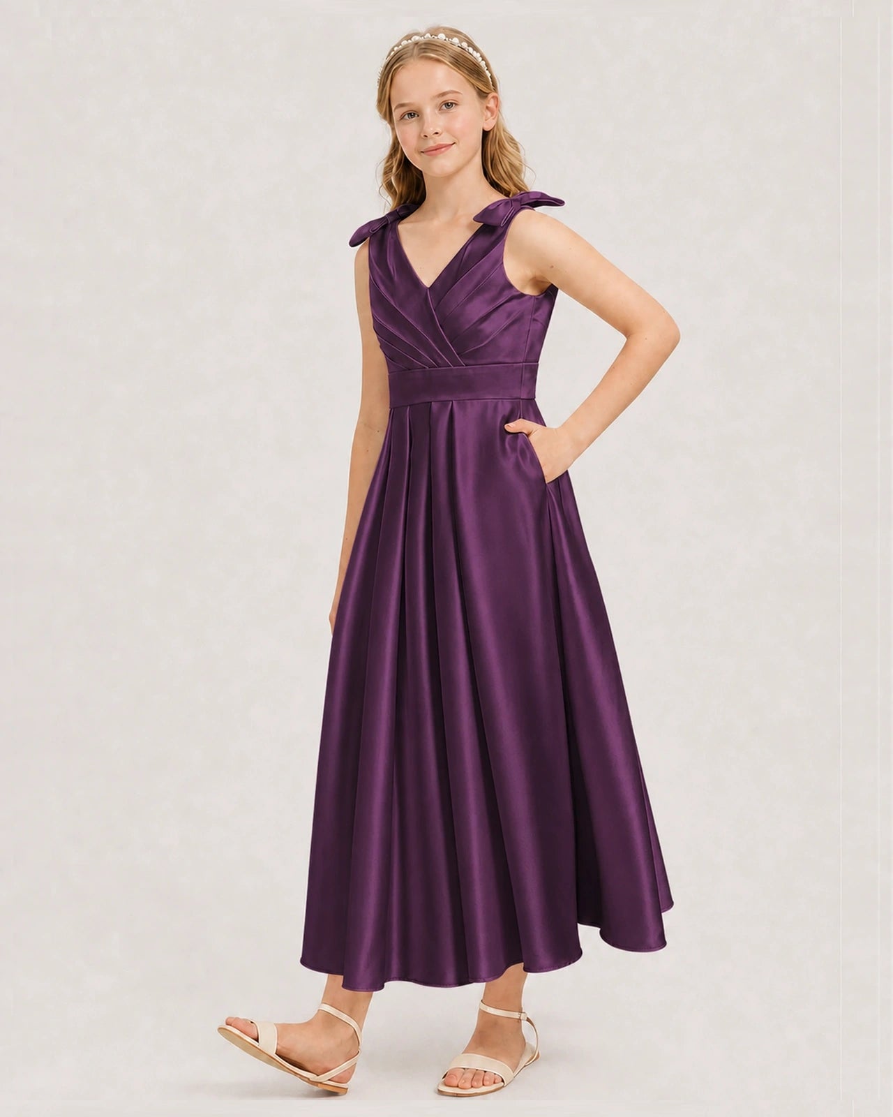 Grape Junior Bridesmaid Dress  Sleeveless V-Back Satin Midi Dress Front View