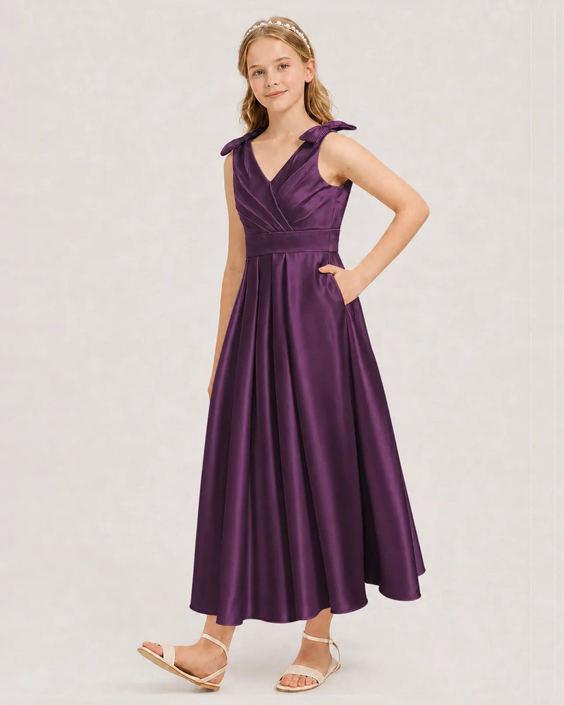 Grape Satin A-line Junior Bridesmaid Dress Front View