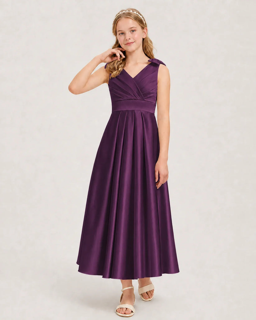 Grape Satin A-line Junior Bridesmaid Dress Front View