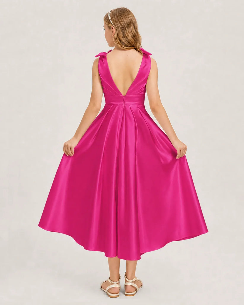Hot Pink Satin A-line Junior Bridesmaid Dress Back View