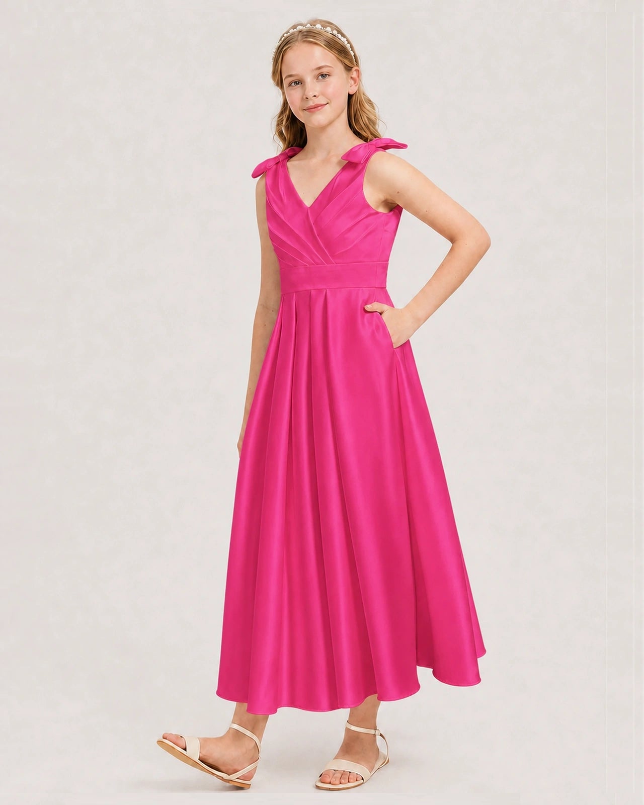 Hot Pink Junior Bridesmaid Dress  Sleeveless V-Back Satin Midi Dress Front View