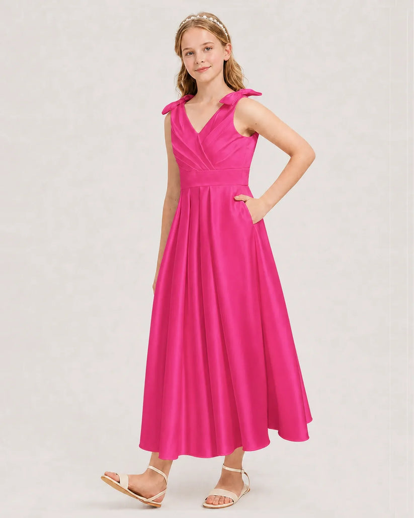 Hot Pink Satin A-line Junior Bridesmaid Dress Front View