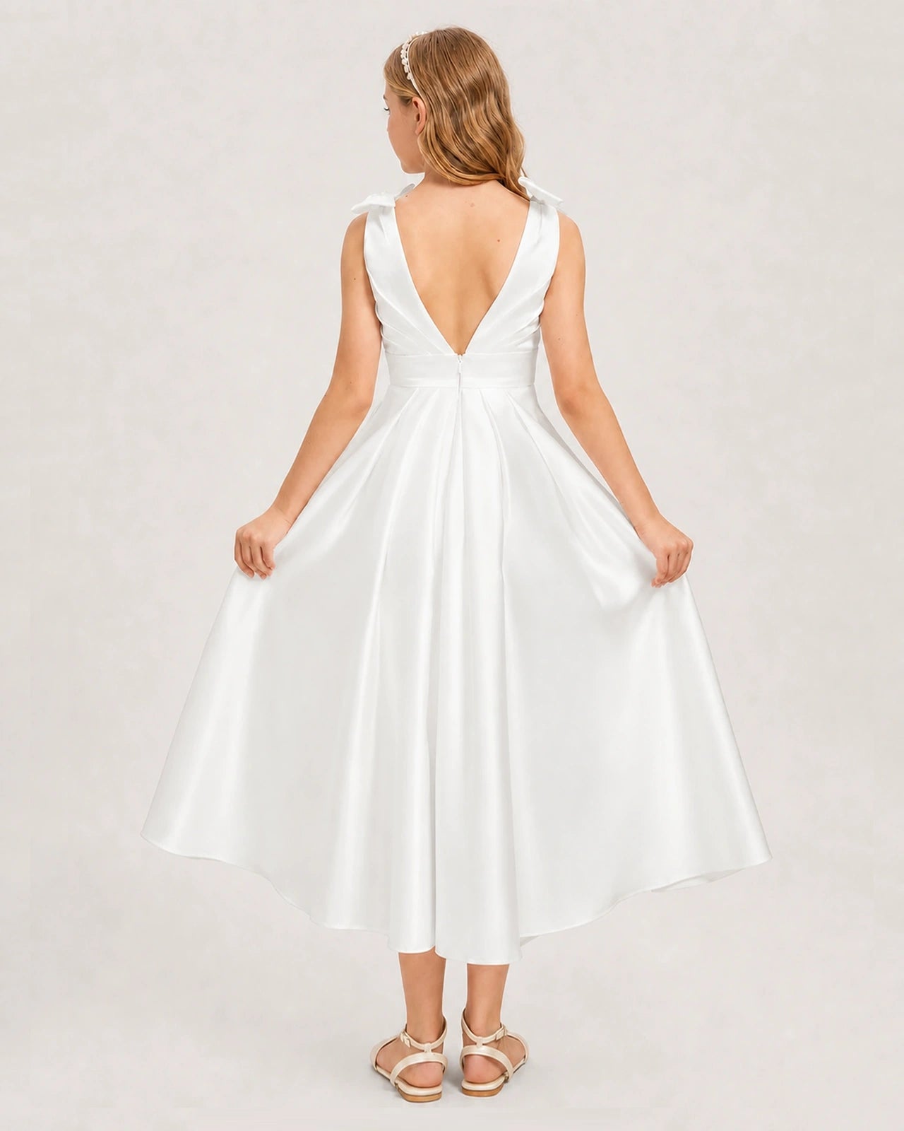 Ivory Junior Bridesmaid Dress  Sleeveless V-Back Satin Midi Dress Back View