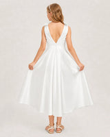 Ivory Satin A-line Junior Bridesmaid Dress Back View