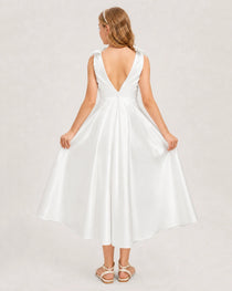 Ivory Junior Bridesmaid Dress  Sleeveless V-Back Satin Midi Dress Back View
