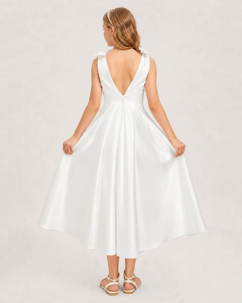 Ivory Satin A-line Junior Bridesmaid Dress Back View