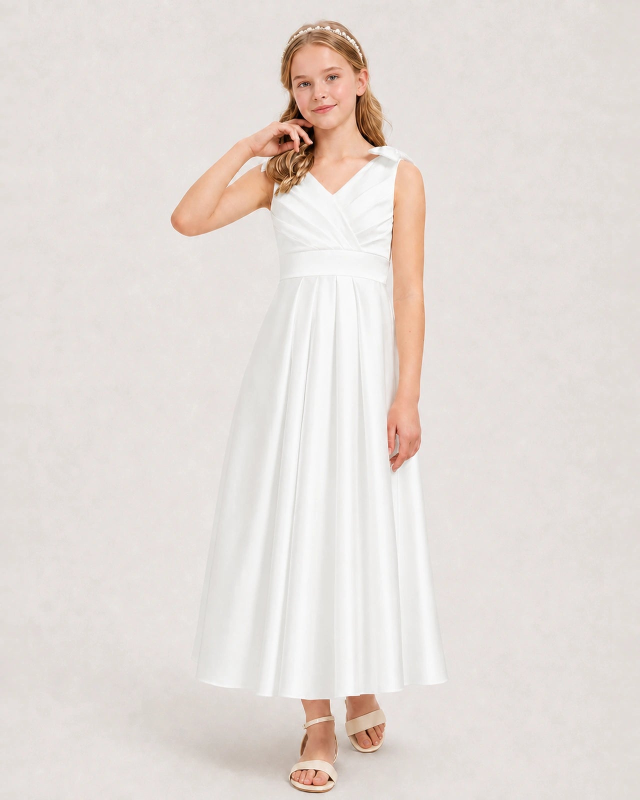 Ivory Junior Bridesmaid Dress  Sleeveless V-Back Satin Midi Dress Front View