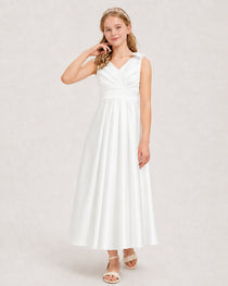 Ivory Junior Bridesmaid Dress  Sleeveless V-Back Satin Midi Dress Front View