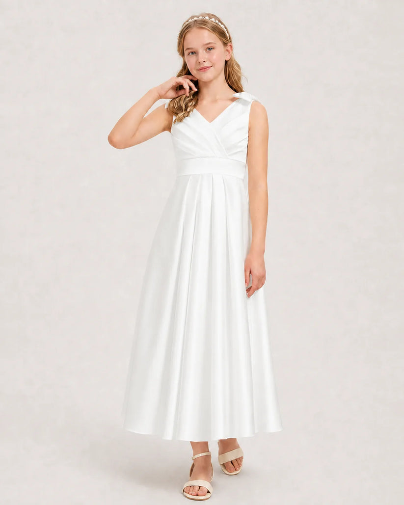 Ivory Satin A-line Junior Bridesmaid Dress Front View