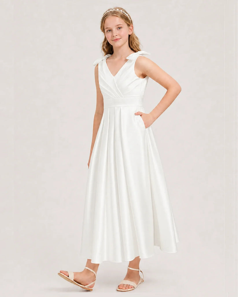 Ivory Satin A-line Junior Bridesmaid Dress Front View