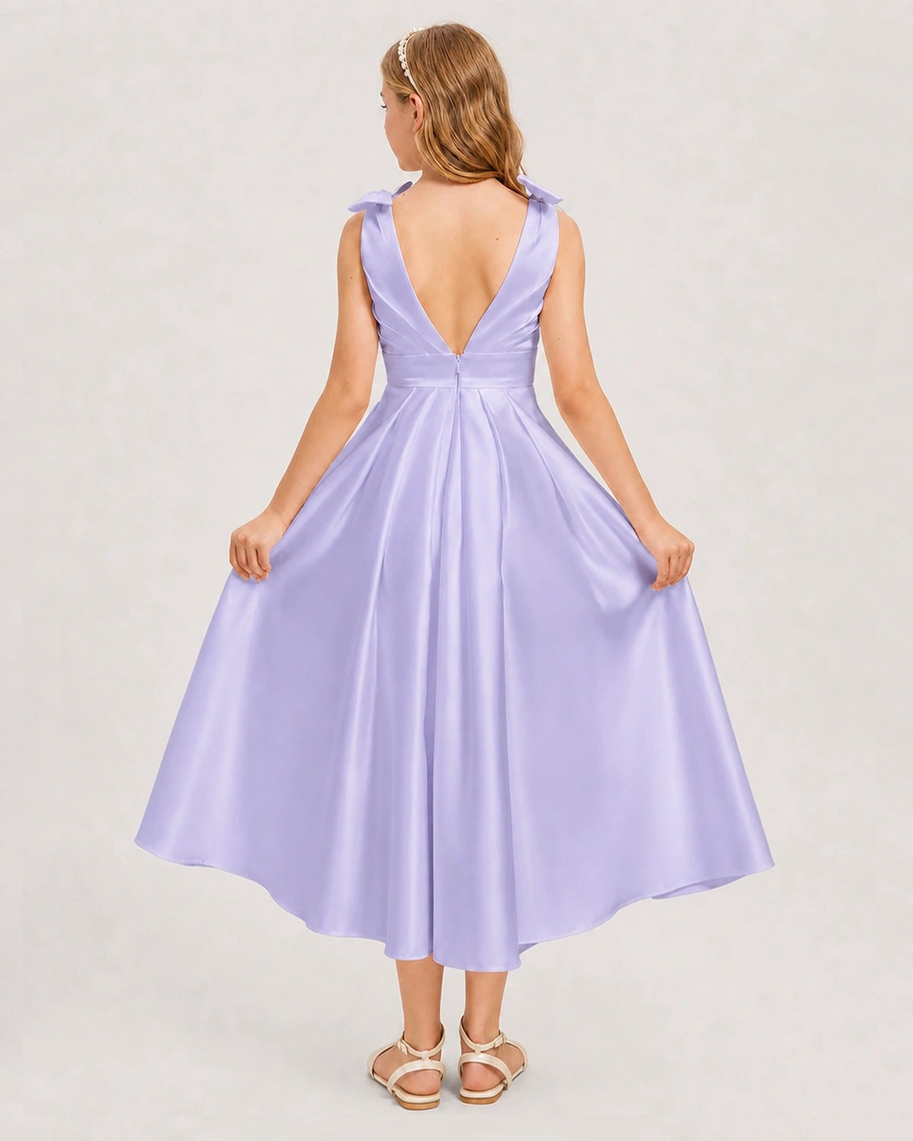 Lavender Junior Bridesmaid Dress  Sleeveless V-Back Satin Midi Dress Back View