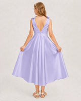 Lavender Satin A-line Junior Bridesmaid Dress Back View