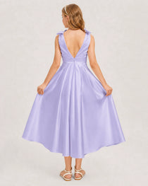Lavender Junior Bridesmaid Dress  Sleeveless V-Back Satin Midi Dress Back View