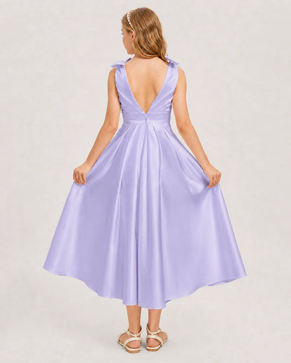 Lavender Junior Bridesmaid Dress  Sleeveless V-Back Satin Midi Dress Back View