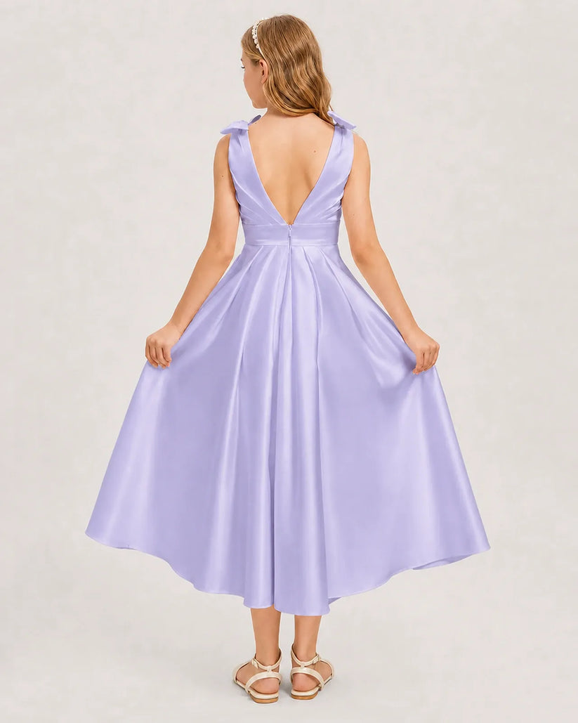 Lavender Satin A-line Junior Bridesmaid Dress Back View