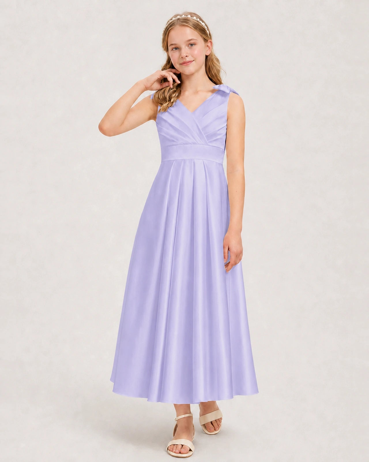Lavender Junior Bridesmaid Dress  Sleeveless V-Back Satin Midi Dress Front View