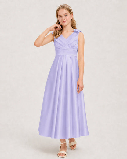 Lavender Junior Bridesmaid Dress  Sleeveless V-Back Satin Midi Dress Front View