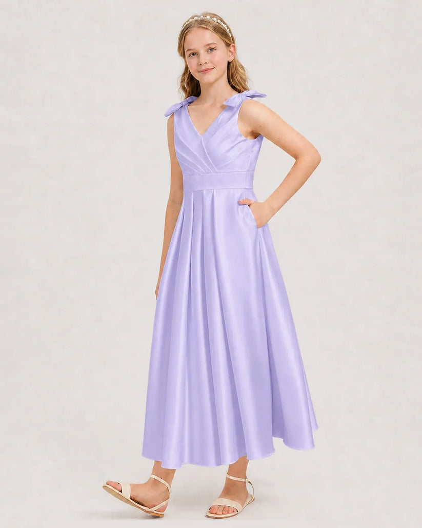 Lavender Satin A-line Junior Bridesmaid Dress Front View