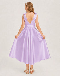 Lilac Junior Bridesmaid Dress  Sleeveless V-Back Satin Midi Dress Back View