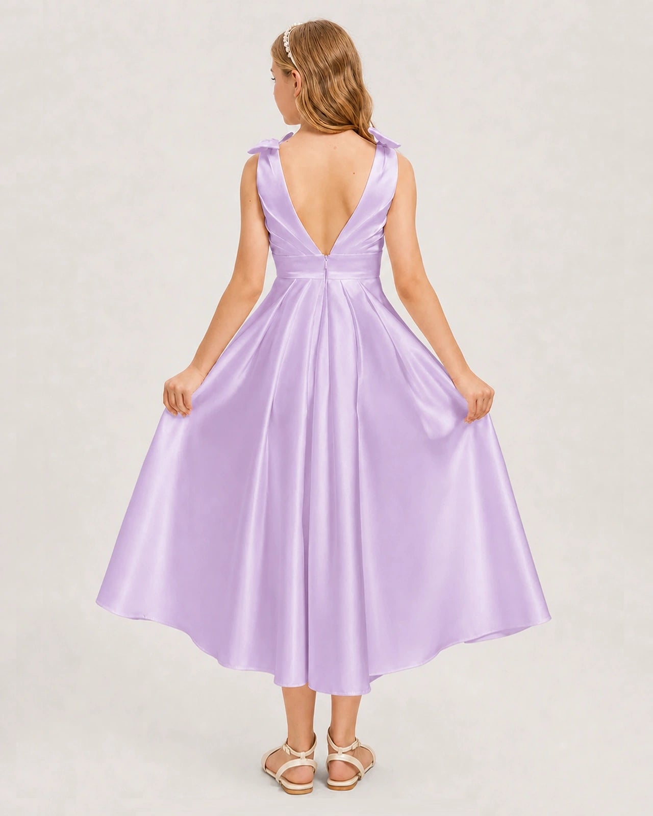 Lilac Junior Bridesmaid Dress  Sleeveless V-Back Satin Midi Dress Back View