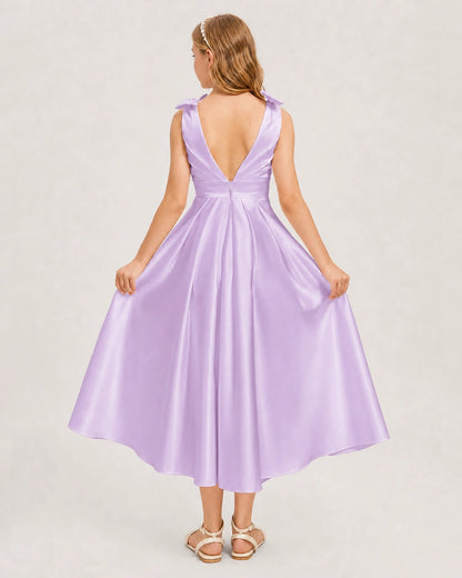 Lilac Junior Bridesmaid Dress  Sleeveless V-Back Satin Midi Dress Back View