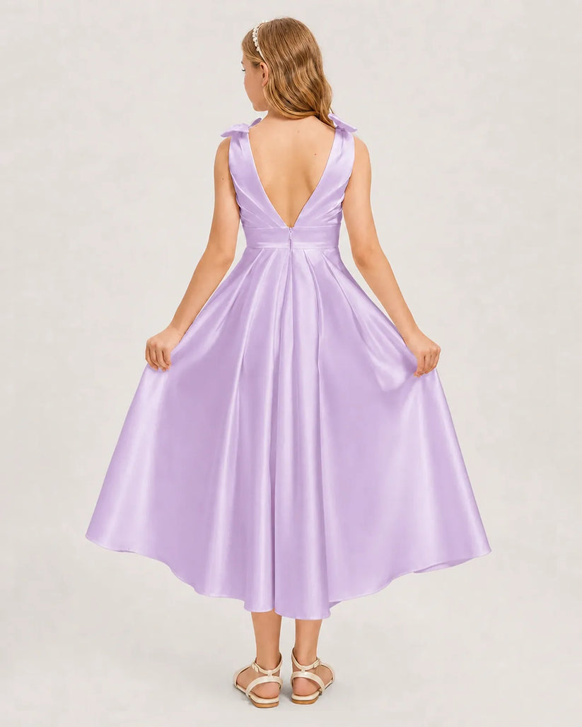 Lilac Satin A-line Junior Bridesmaid Dress Back View