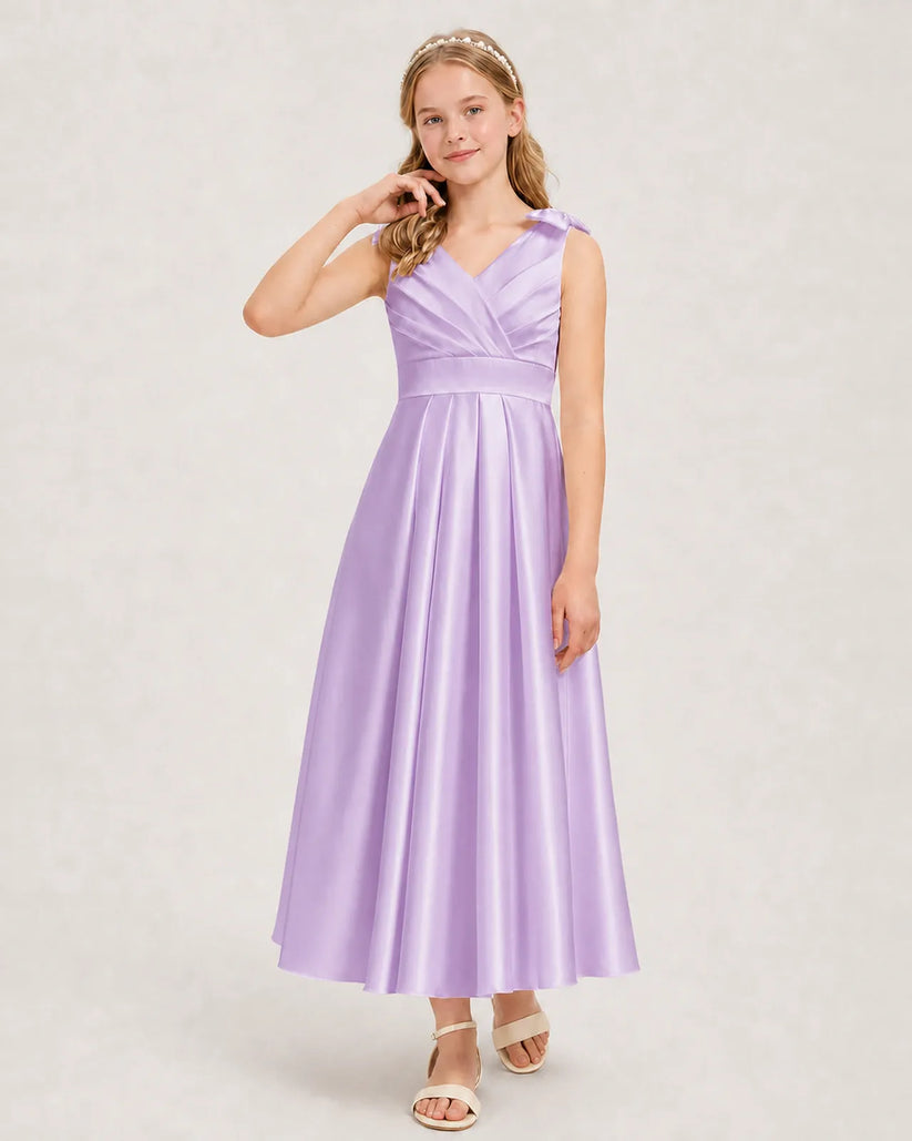 Lilac Satin A-line Junior Bridesmaid Dress Front View